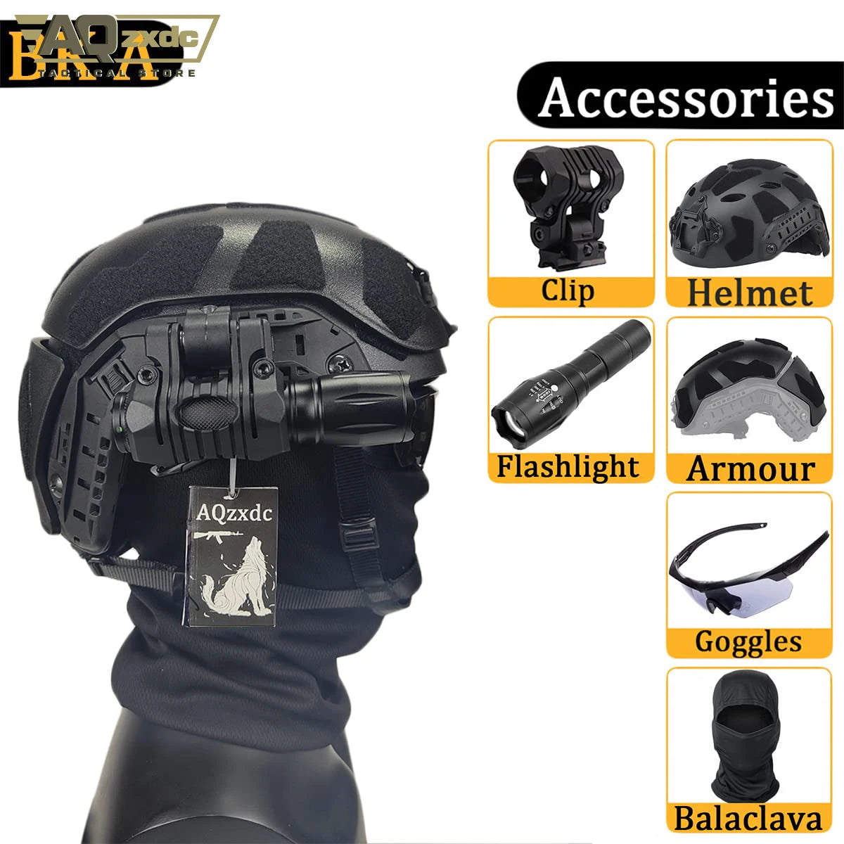 AQzxdc Fast Lightweight Paintball Helmet with External Armor, with Noise Cancelling Headphones, Flashlight, Goggles, Balaclava