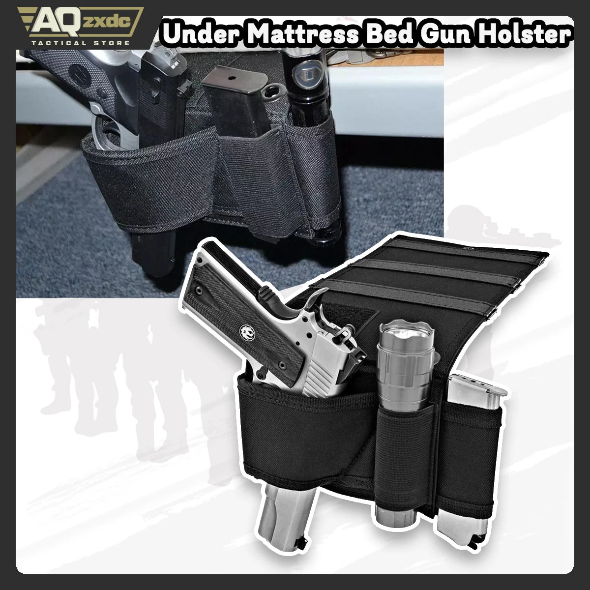 AQzxdc Tactical Under Mattress Bed Handgun Holster with Tactical Flashlight Loop Under Mattress Bed Pistol Holster
