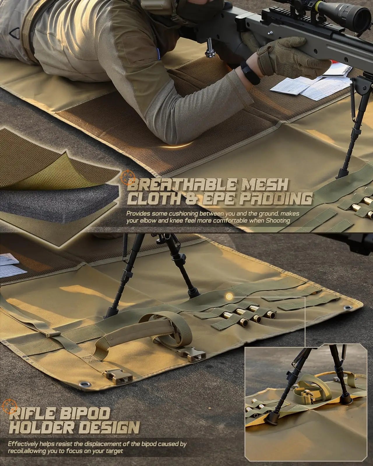 Shooting Mat Prone Tactical Shooting Pad Folded Shooter Blanket with Bipod Holder, for Hunting Outdoor Training Competition