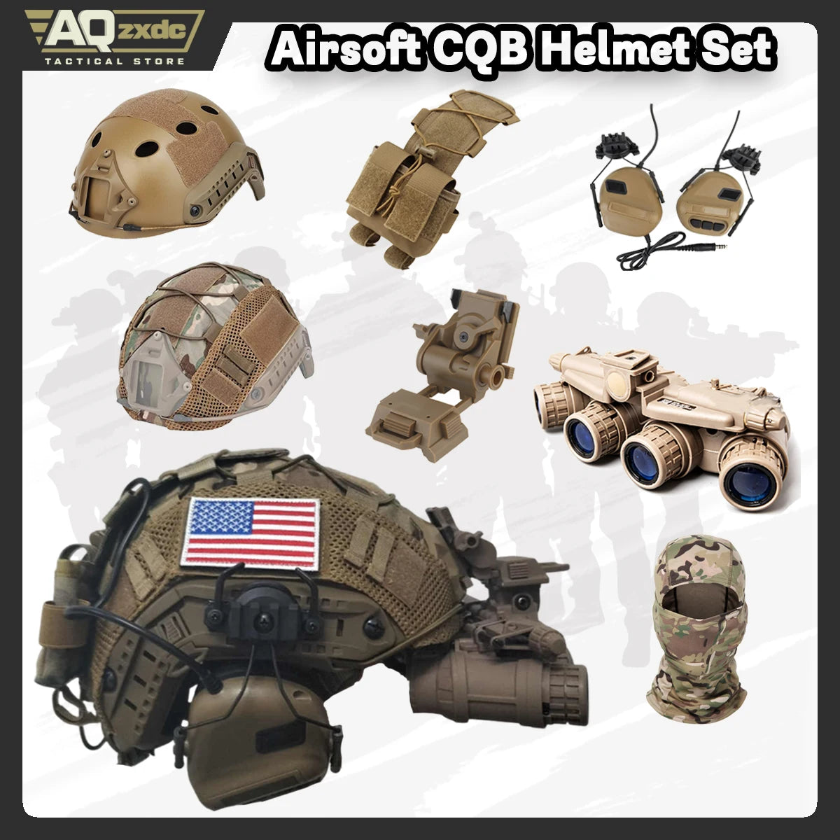 Tactical Assault Helmet Set with Fast Helmet Cloth & Noise Cancelling Earphones & NVG Model & G24 Bracket for Airsoft Paintball