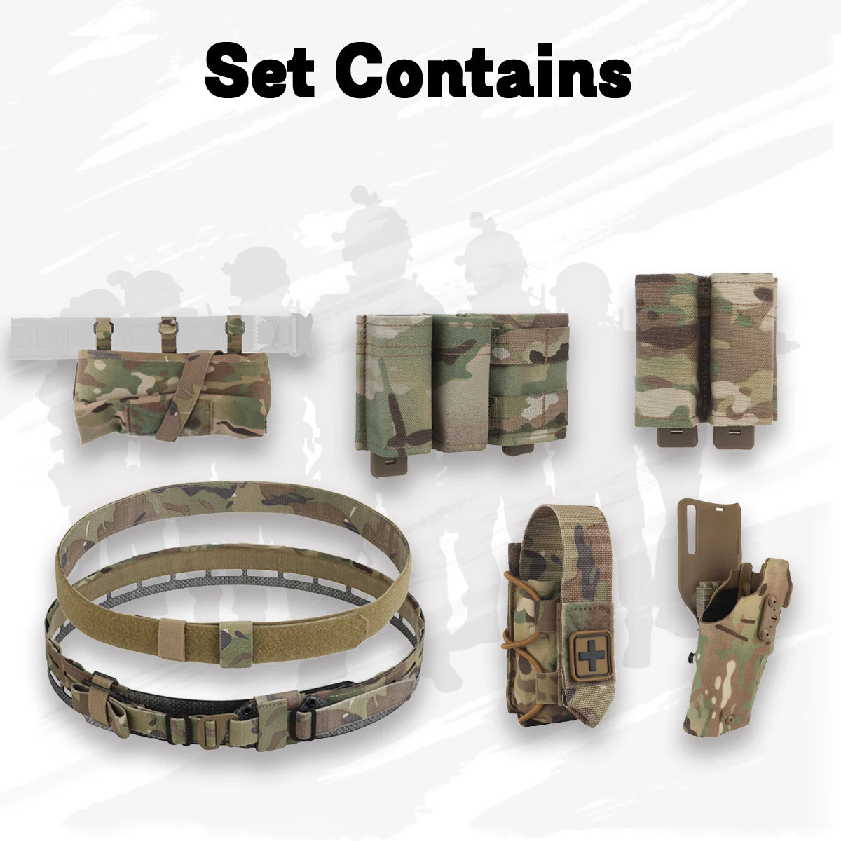 Tactical Assault Belt with Quick-Draw Holster & Triple Mag Bag & Foldable Sundries Bag & Medical Bag & Double Pack for airsoft