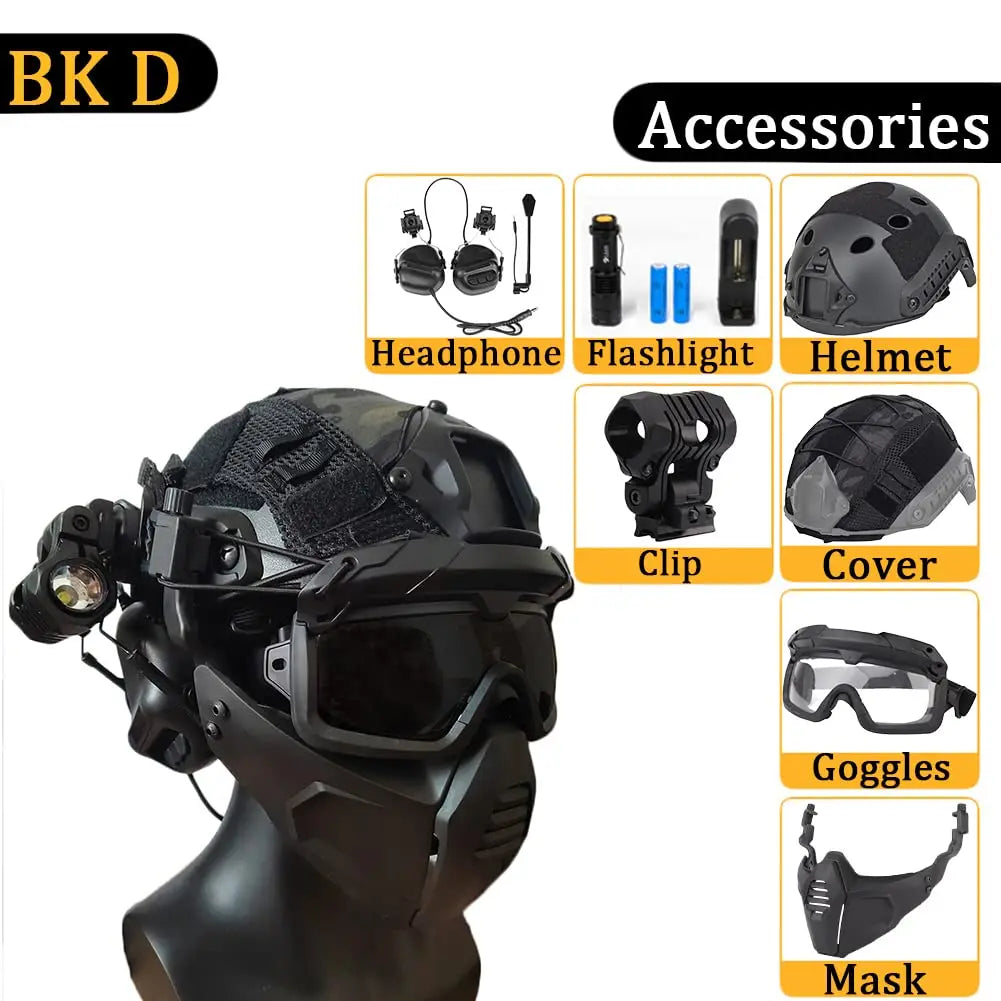 AQzxdc FAST Helmet Set, with Airsoft Mask and Goggles, Sound Pickup and Noise Canceling Headphones, Flashlight & Helmet Cover