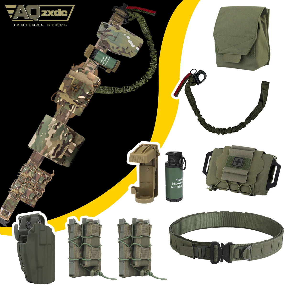 Airsoft PHC Set with Right Hand Quick-Draw Holster & Field Mag Bag & ReFlexIFAK First Aid Kid & Sundries Bag & M18 Model Grenade