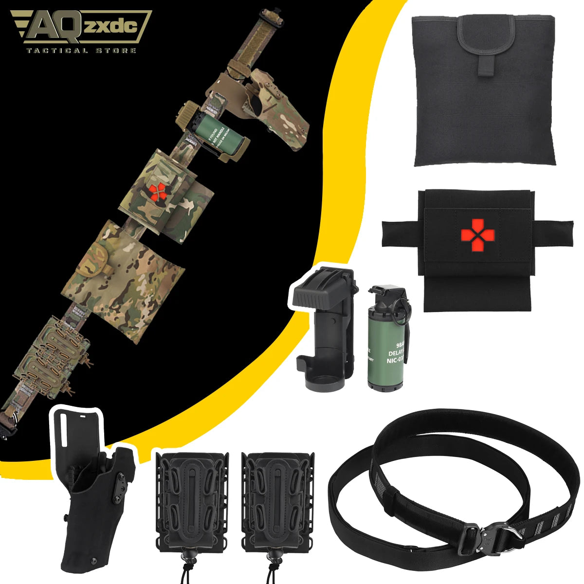 Belt Assault Set with G17 ALS Quick Release Holster & Small First Aid Kit & Sundries Recovery Bag & M18 Smoke Model & Mag Bag