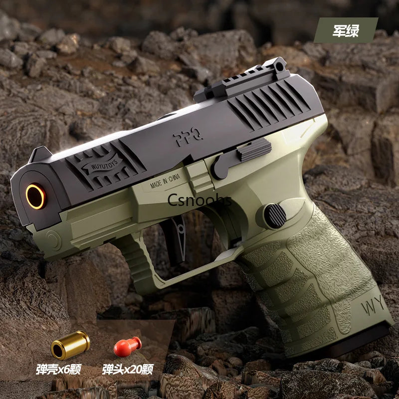 Small Black Toy Gun Mini PPQ Continuous Firing Shell Throwing Gun Model Soft Bullet Launcher BlowBack Airsoft Pistol for Kids