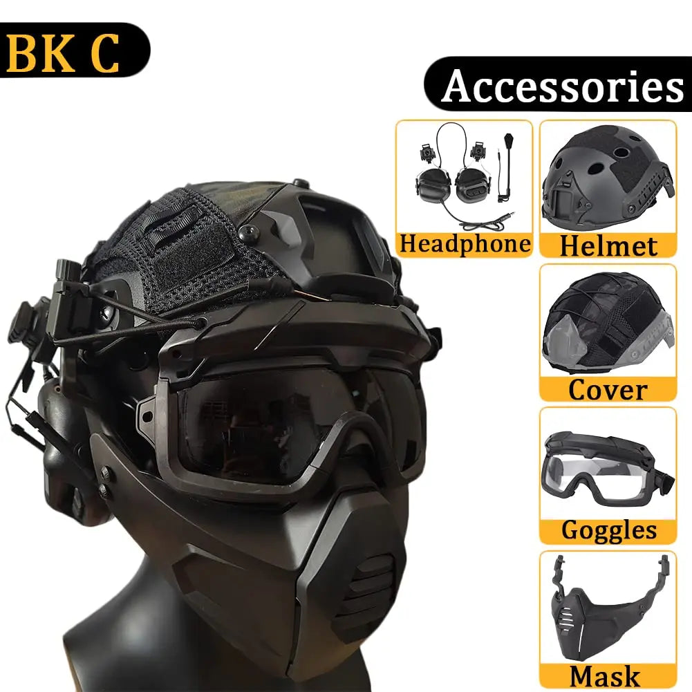 AQzxdc FAST Helmet Set, with Airsoft Mask and Goggles, Sound Pickup and Noise Canceling Headphones, Flashlight & Helmet Cover