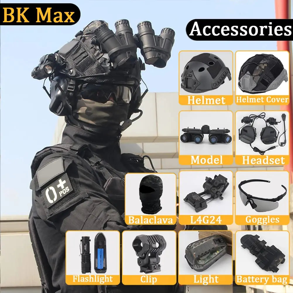 FAST Airsoft Helmet Set, with Four Eyes Telescope Model and Soundproof Headphones, Flashlights, Goggles, Signal Lights Etc