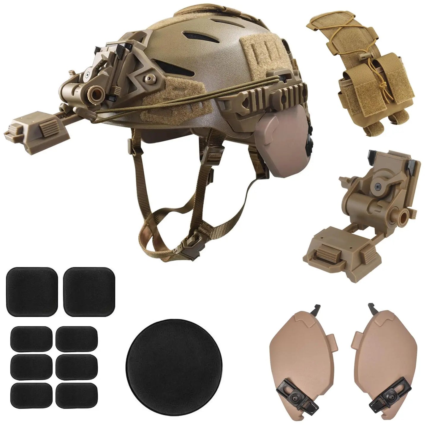 Airsoft Helmet Set with Rail 3.0 Adjustable Chin Strap/Protective Ear Side Cover/Night Vision Mount and Helmet Battery Pouch