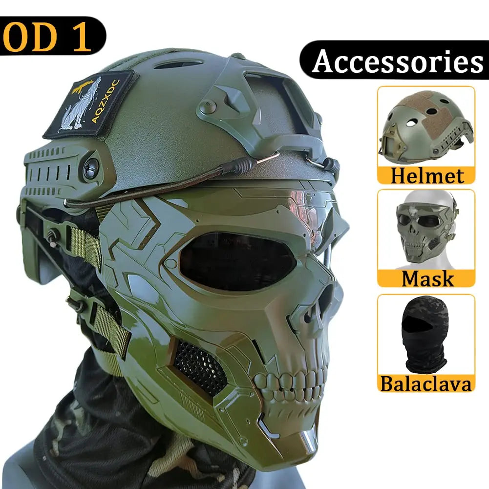 FAST Airsoft Helmet, with Full-Face Skull Paintball Mask, Steel Mesh Earmuffs, Flashlight, for Outdoor Shooting, Hunting, Games