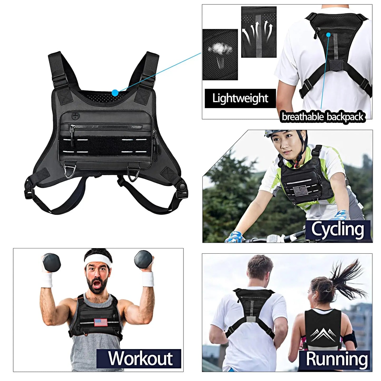 AQzxdc Sports Chest Bag, Adjustable Travel Chest Pack Tactical Breathable Running Vest Pouch for Hiking Hunting Cycling Fishing