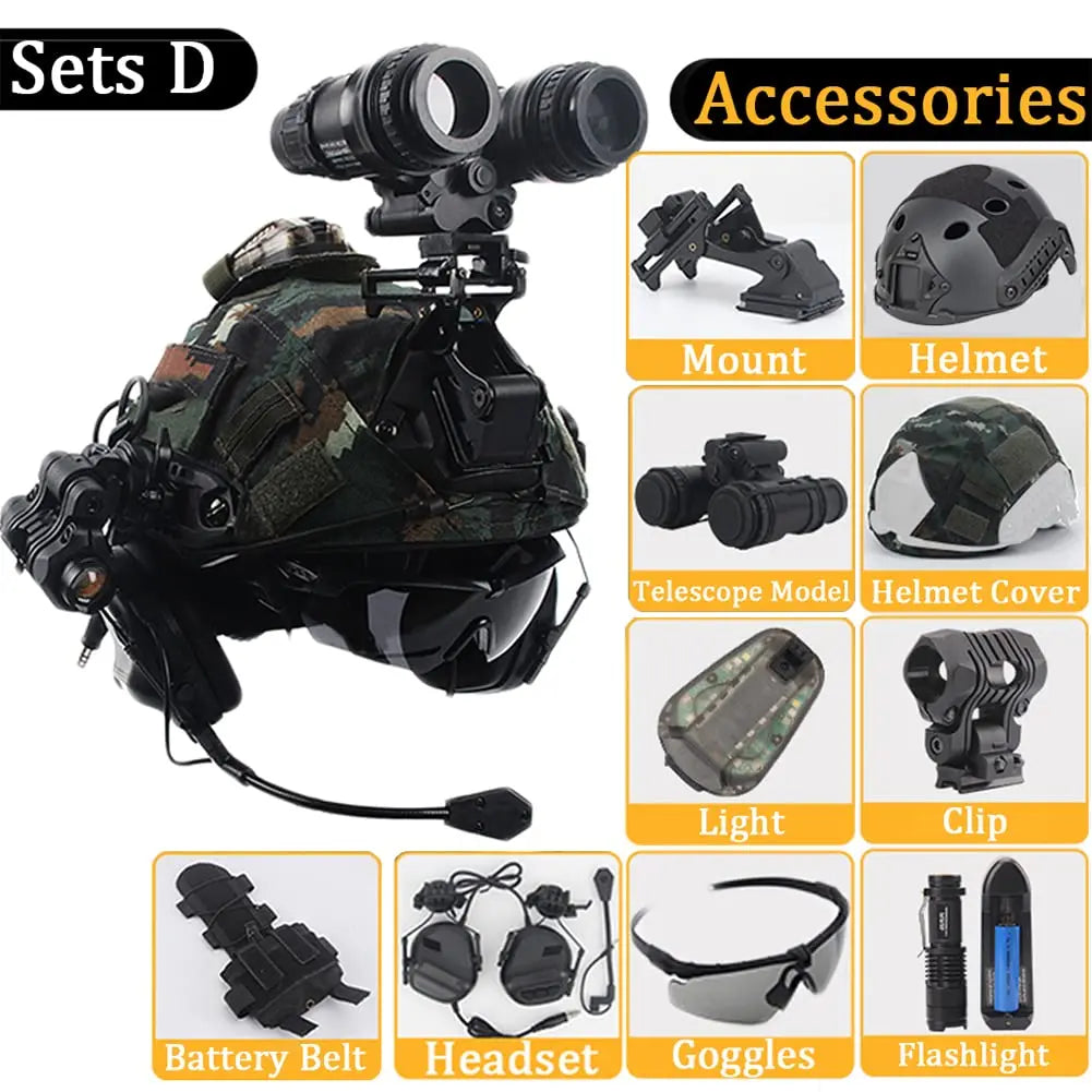 Tactical Helmet Set, Wiht Military Headset & Goggles & NVG Mount & Telescope Model Tactical Combination, for Airsoft Protective