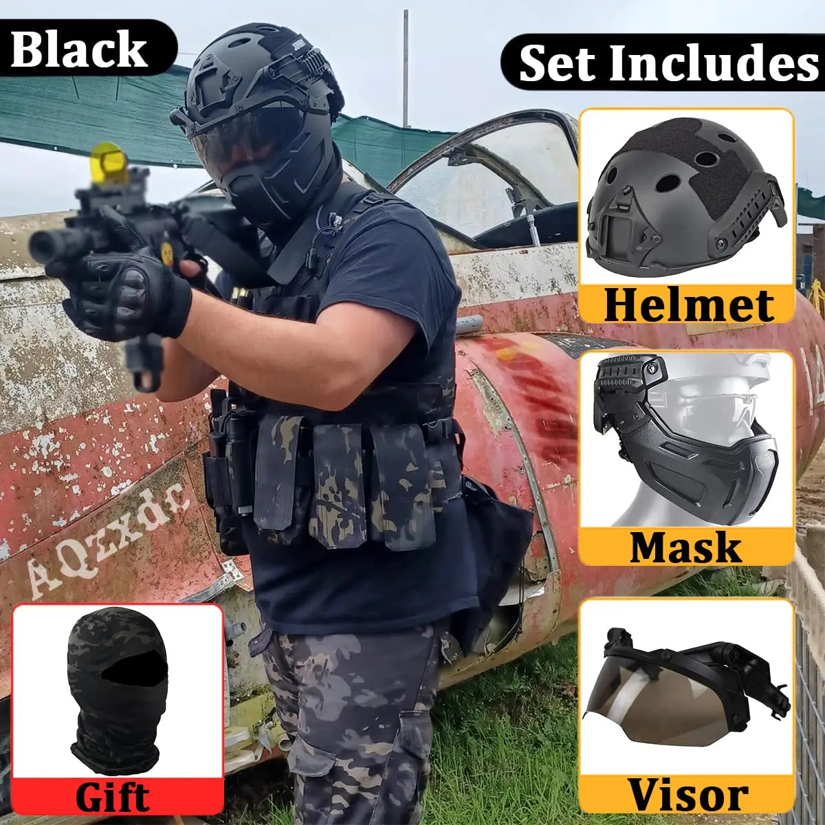 AQzxdc Airsoft Helmet with Tactical Mask and Visor Goggles, 5mm Thick Military Helmet Sets, for BB Sport CQB CS Game Cosplay