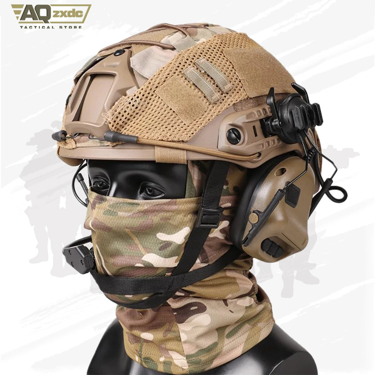 AQzxdc Tactical Helmet with Headset,Adjustable Helmet with Helmet Cover and Fcae Mask for Cosplay Military Tactical Airsoft Gear