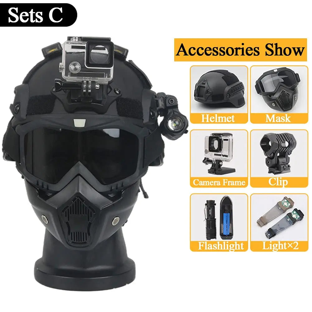 Mich 2000 Tactical Safety Protective Helmet, wiht mask and Goggles Sets, with NVG Bracket and Side Rail for Airsoft Tactical