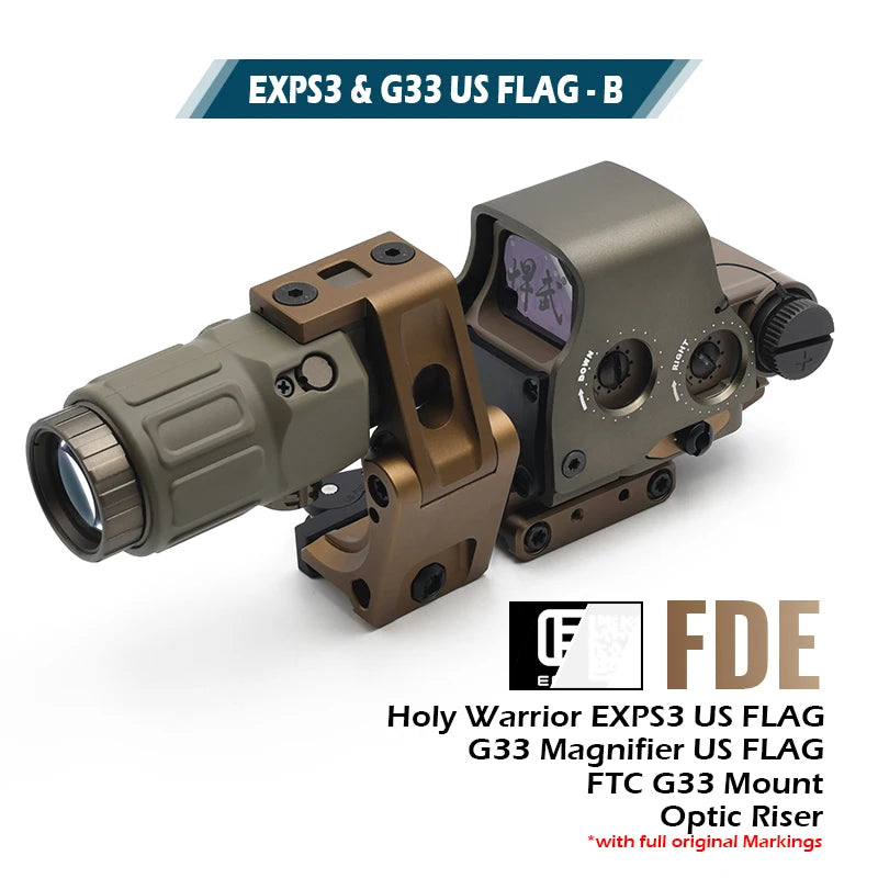 Holy Warrior EXPS3 Holographic Red Dot Sight with G33 3X Magnifier with Fast Optic Riser and FTC Mount Combo with Full Markings