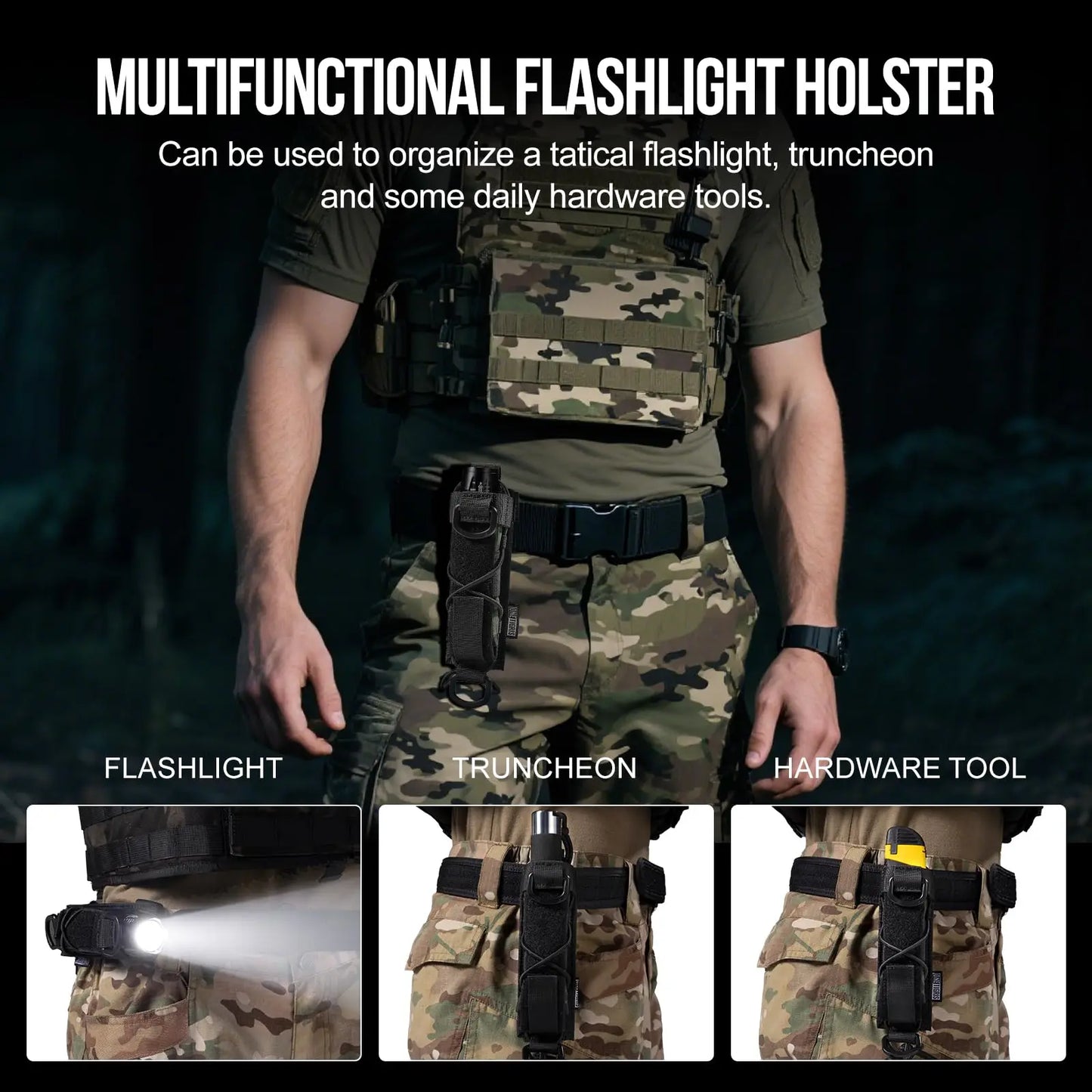Flashlight Holster Molle Flashlight Holder for Belt Tactical Pouch with Open-top MOLLE Strap for Vertical & Horizontal Carrying
