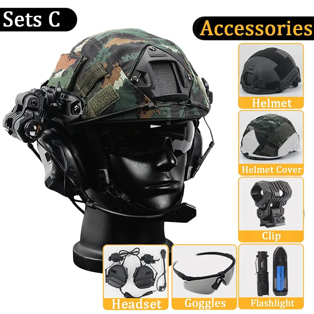 Tactical Helmet Set, Wiht Military Headset & Goggles & NVG Mount & Telescope Model Tactical Combination, for Airsoft Protective