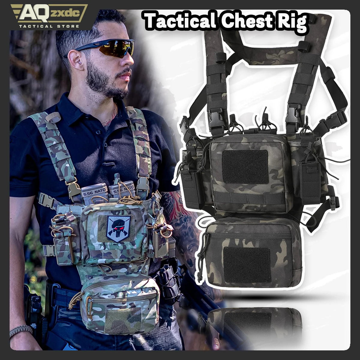 AQzxdc Tactical Chest Rig, Adjustable & Detachable Molle Micro Chest Rigs, with 5.56/7.62 Magazine Pouch, Pistol Pouch for CS