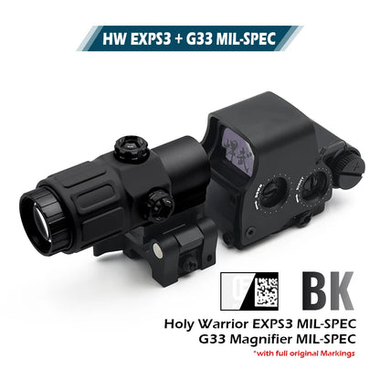 Holy Warrior EXPS3 Holographic Red Dot Sight with G33 3X Magnifier with Fast Optic Riser and FTC Mount Combo with Full Markings
