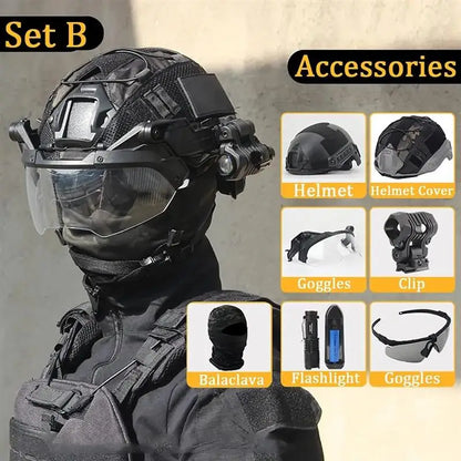 AQzxdc Tactical Flashlight Set Adjustable Helmet Visor with Airsoft Helmet and Helmet Cover for Paintball BBS Gun Shooting Game