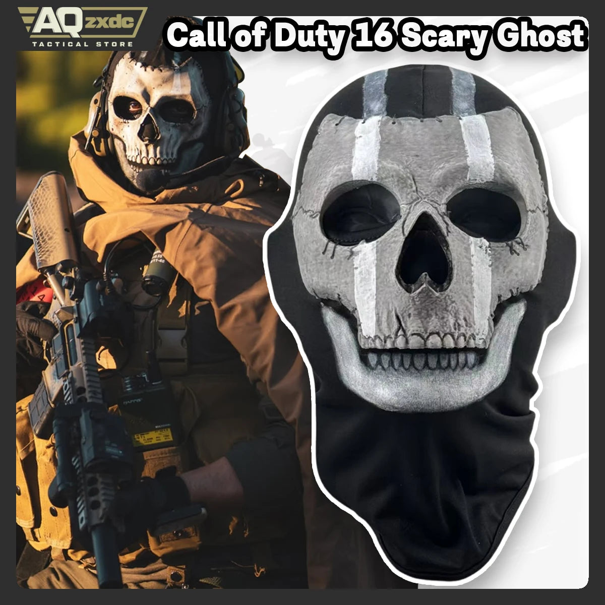 AQzxdc Call of Duty 16 Scary Mask, Classic Skeleton Ghost Chin Mask Ghost Scary Headgear for COD Warzone Cosplay Airsoft Mask