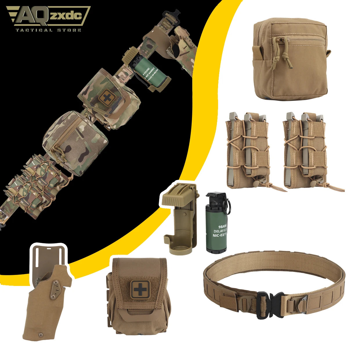 Tactical Assault Belt Set with PHC Belt & G17 ALS Quick Release Holster & Mag Bag & Medical Bag & GP Bag & M18 Grenade Model