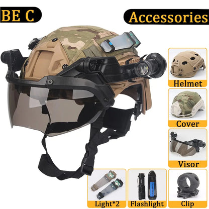 AQzxdc Paintball Game Helmet Set with Visor Flashlight Flashing Light Helmet Cover Set for Airsoft Shooting War Games Movie Prop