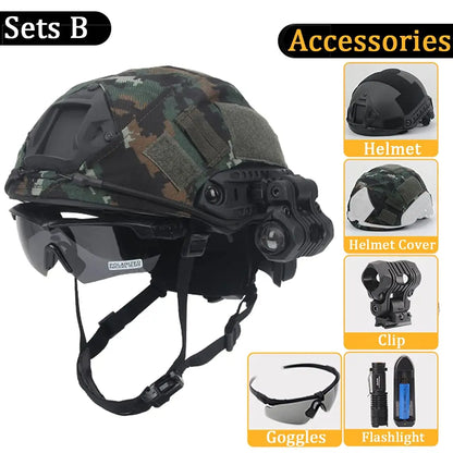 Tactical Helmet Set, Wiht Military Headset & Goggles & NVG Mount & Telescope Model Tactical Combination, for Airsoft Protective