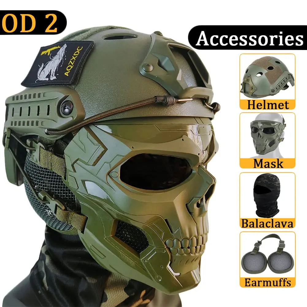 FAST Airsoft Helmet, with Full-Face Skull Paintball Mask, Steel Mesh Earmuffs, Flashlight, for Outdoor Shooting, Hunting, Games