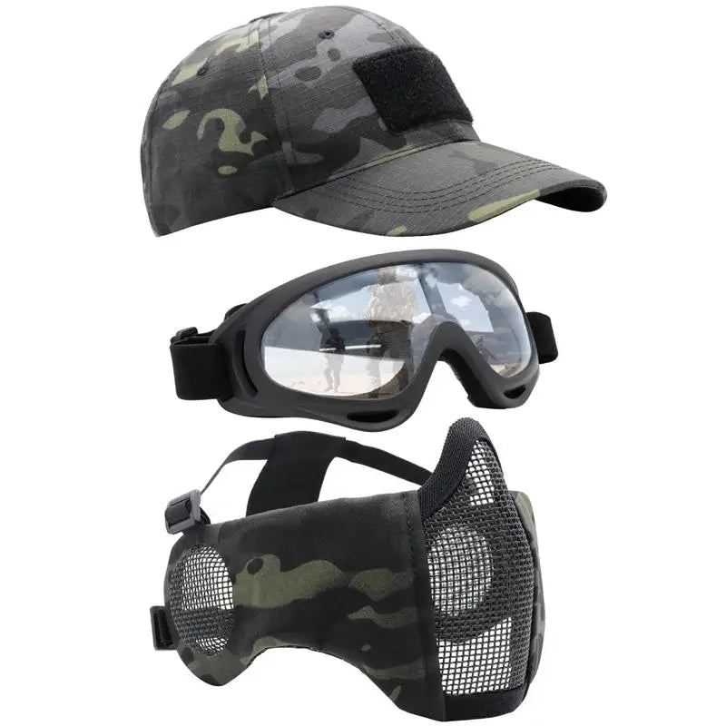 AQzxdc Airsoft Mask with Goggles Foldable Half Face Airsoft Mesh Mask with Ear Protection for Paintball Shooting Cosplay CS Game