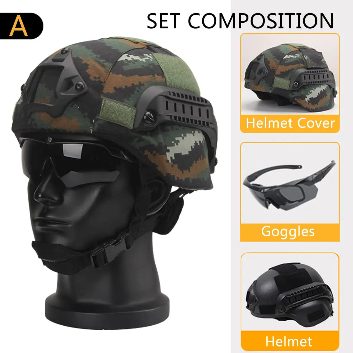 AQzxdc Airsoft Helmet Set (7mm), with Tactical Goggles, Helmet Cover, PVS15/18 NVG Mount, Helmet Signal Light, Flashlight