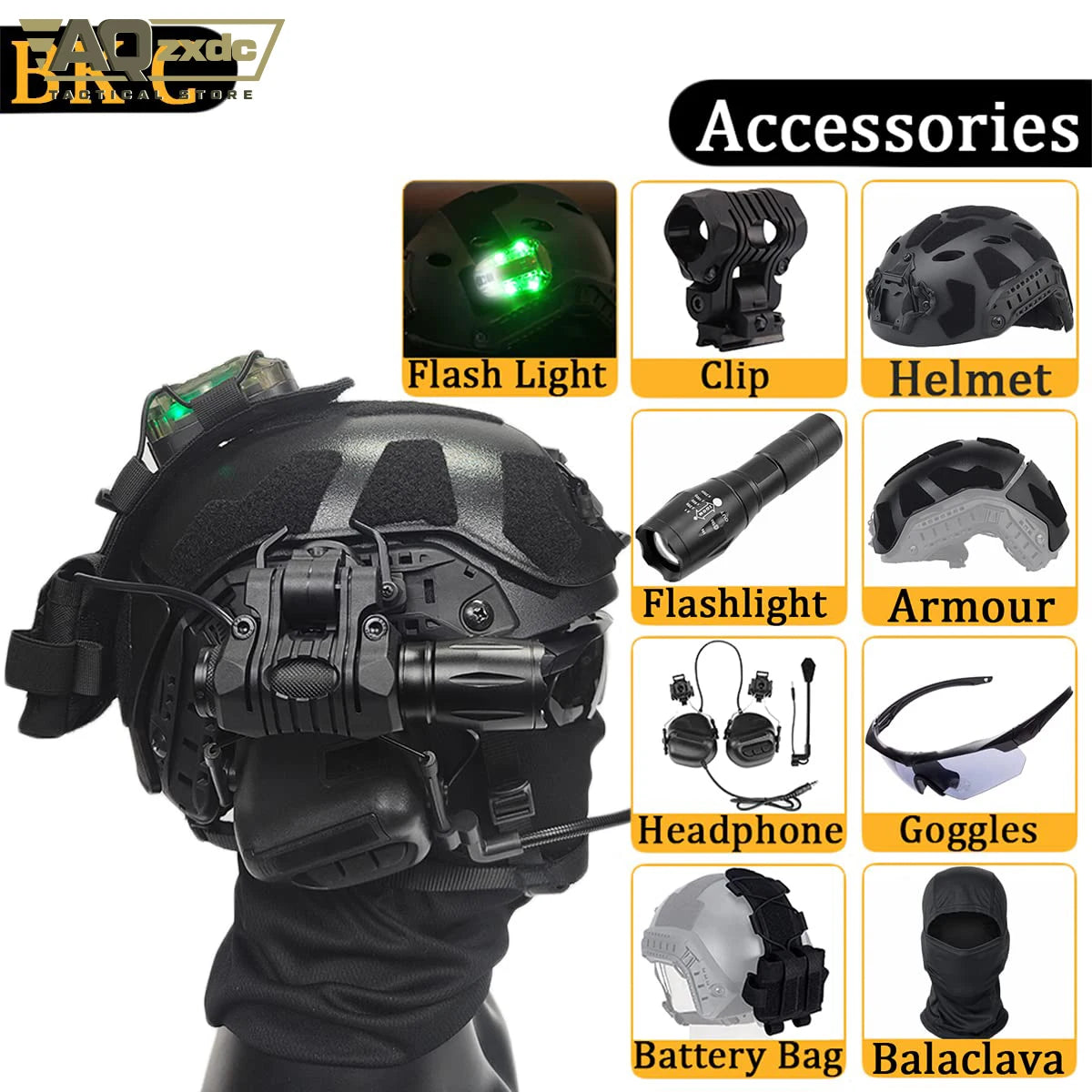 AQzxdc Fast Lightweight Paintball Helmet with External Armor, with Noise Cancelling Headphones, Flashlight, Goggles, Balaclava