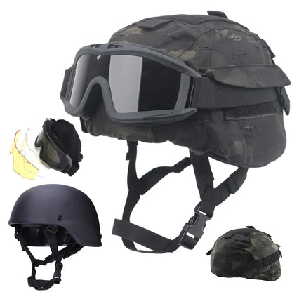 Tactical Protective Gear Set, MICH2000 Helmet with Anti-Fog Goggles Helmet Cover Camouflage Metal Helmet Metal for Kid BBS