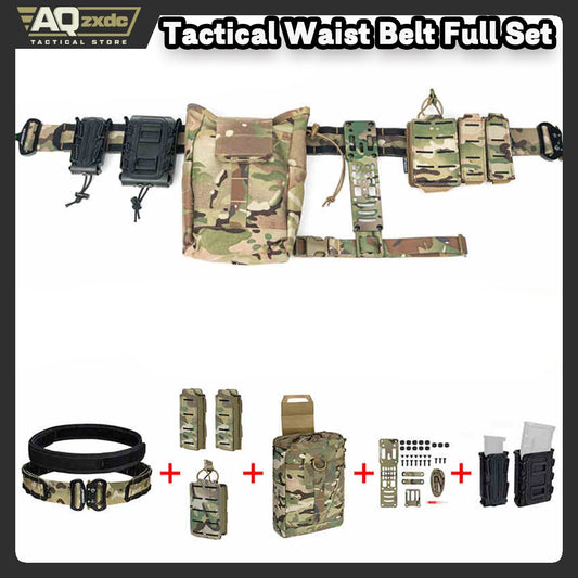 AQzxdc Tactical Military Waist Belt Set with Utility Pouch & Medical Pouch & Flash bang Pouch & 9mm 55 Mag Pouch Set for Airsoft