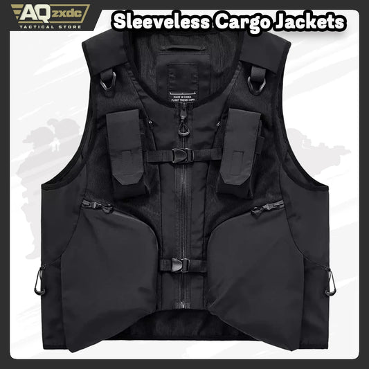 AQzxdc Tactical Function Sleeveless Cargo Jackets Y2K Mens Clothing High Street Multi-pocket Techwear Vest Chaleco Chaquetas