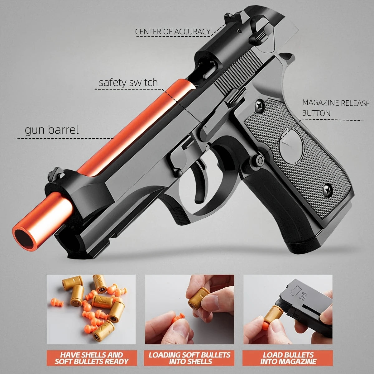 Shell Ejecting Toy Gun Mechanical M9a3 Continuous Fire Pistol Decompression Toy Empty Hanging Soft Bullet Toy Gun Gift