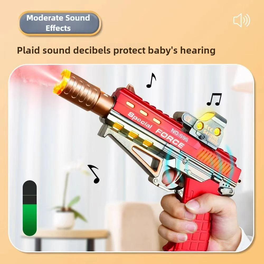 Electric Light Up Pistol Toy Unique Spraying Action Hand Gun Toys with LEDs Light Fighting Sound Pistol for Kids Gift