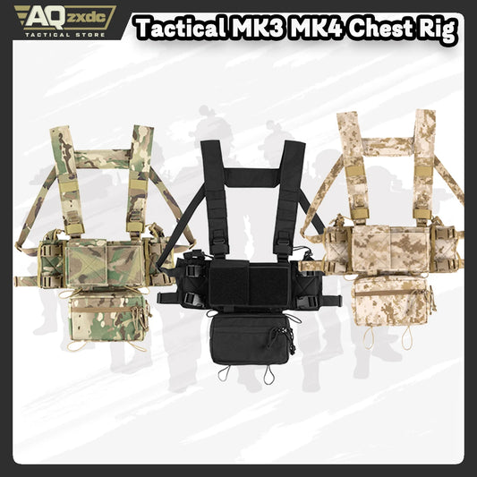 AQzxdc Tactical MK3 MK4 Chest Rig with Radio Pouch Drop Pouch Harness Camouflage General Purpose Modular Airsoft Chest Rig Vest