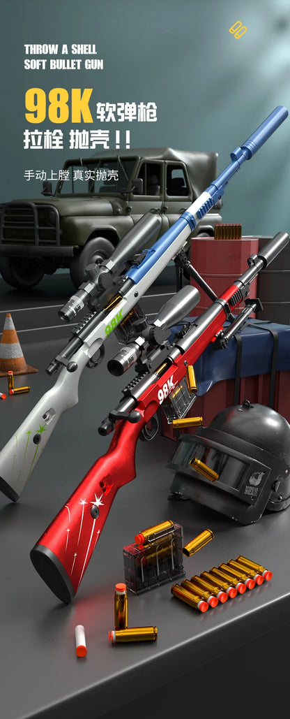 Uploaded projectile throwing shell AWM soft bullet gun can fire sniper rifle, boys' outdoor battle toy gun 98K pull up chamber