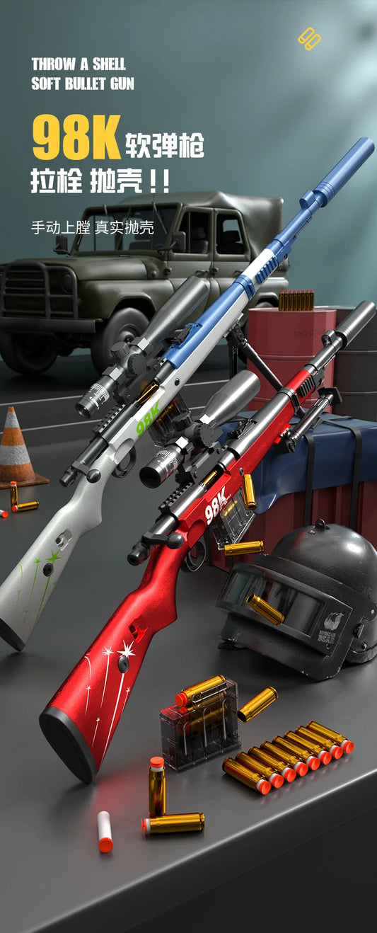 Uploaded projectile throwing shell AWM soft bullet gun can fire sniper rifle, boys' outdoor battle toy gun 98K pull up chamber