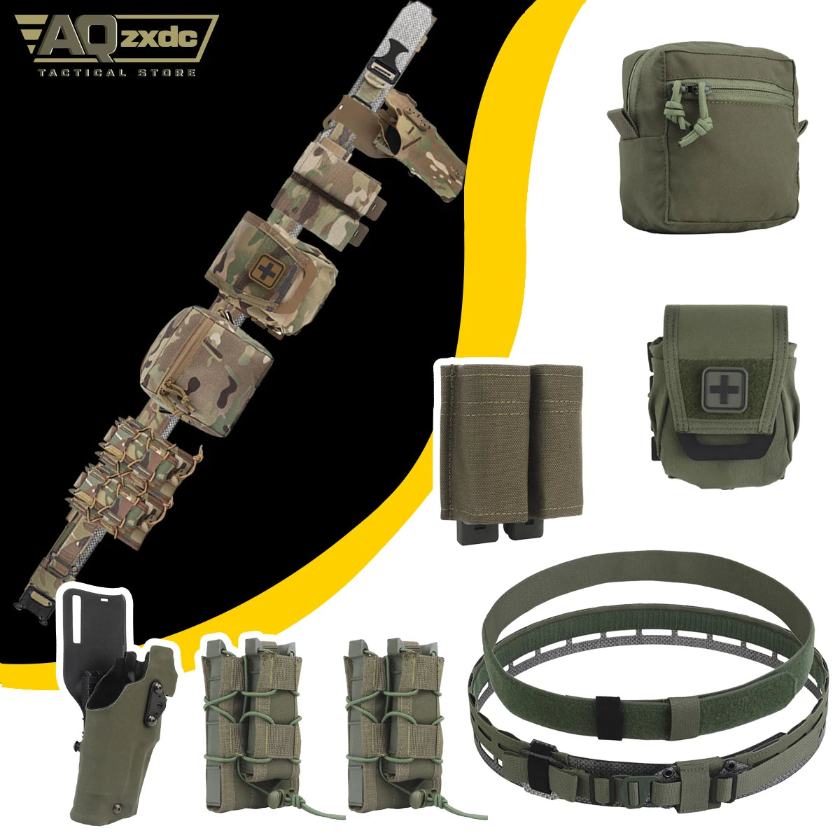 Battle Belt with Tactical Holster & 5.56/9mm Pouch & GP Pouch, Nylon Molle Quick Release Belt Utility Belt Set for CS War game
