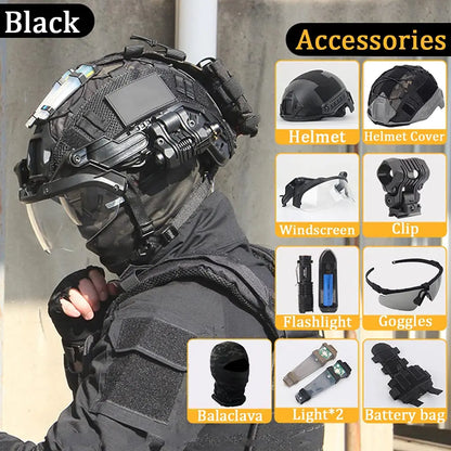 Fast Paintball Helmet, Tactical Protective Sets with Retractable Goggles & Military Flashlights & Signal Lights, for Paintball