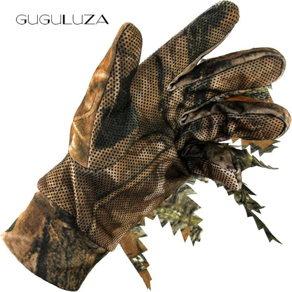 AQzxdc 3D Leafy Camo Hunting Gloves, Anti-Slip Full Finger Woodland Camouflage Tactical Lightweight Gloves for Turkey Hunting