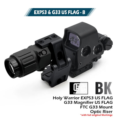 Holy Warrior EXPS3 Holographic Red Dot Sight with G33 3X Magnifier with Fast Optic Riser and FTC Mount Combo with Full Markings