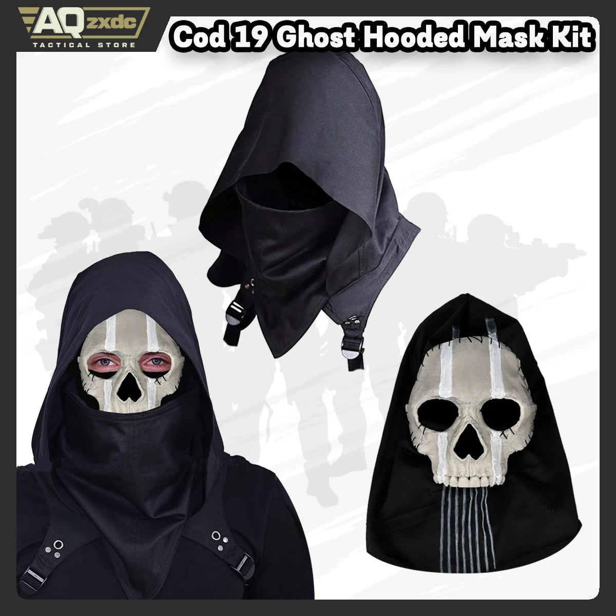AQzxdc Ghost Hooded Mask Kit - Operador MW2 Airsoft COD 19 -Assassin Shooter Hoodd Hood for Cosplay War Zone Tactical Full Mask