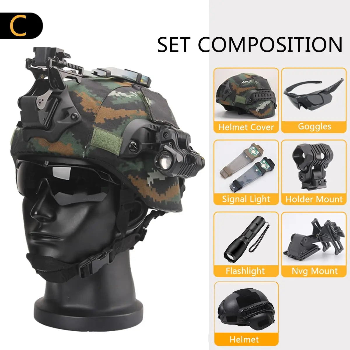 AQzxdc Airsoft Helmet Set (7mm), with Tactical Goggles, Helmet Cover, PVS15/18 NVG Mount, Helmet Signal Light, Flashlight