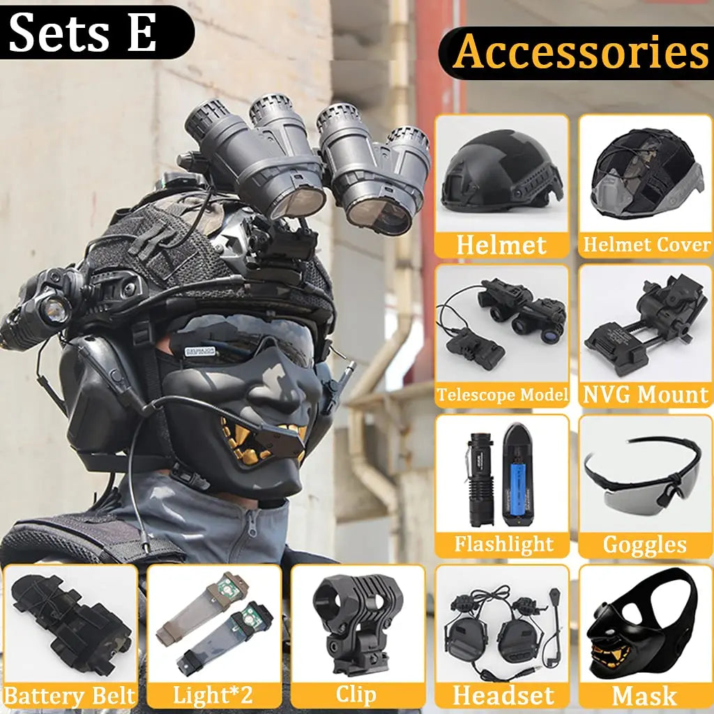 AQ Tactical Helmet Sets, Outdoor Gear with Military Headset & Binoculars & Goggles, Heavy Men's Full Set of Paintball Protective