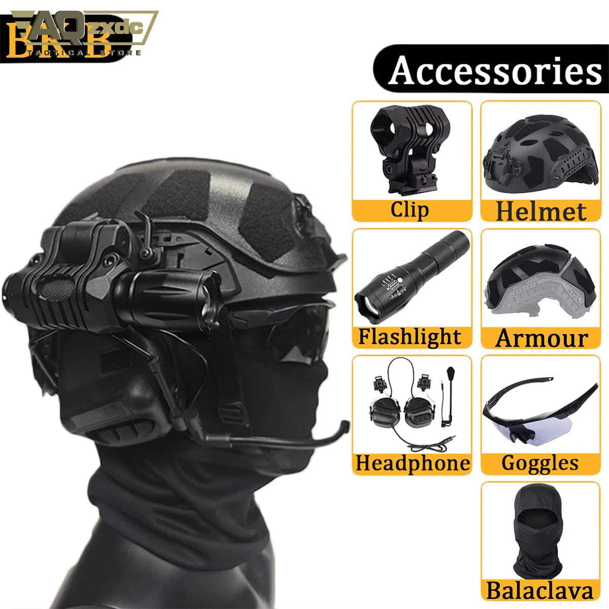 AQzxdc Fast Lightweight Paintball Helmet with External Armor, with Noise Cancelling Headphones, Flashlight, Goggles, Balaclava