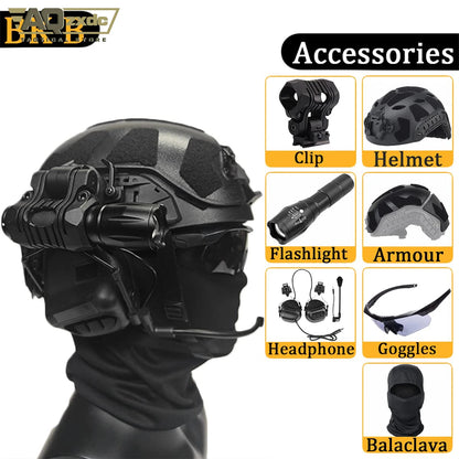 AQzxdc Fast Lightweight Paintball Helmet with External Armor, with Noise Cancelling Headphones, Flashlight, Goggles, Balaclava