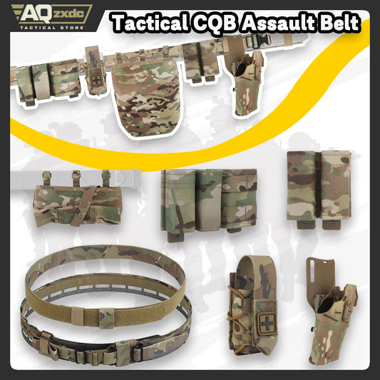Tactical Assault Belt with Quick-Draw Holster & Triple Mag Bag & Foldable Sundries Bag & Medical Bag & Double Pack for airsoft